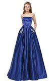 Simple Royal Blue Satin Strapless Beads Lace up Floor Length Prom Dresses with Pockets