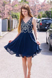 Simple V Neck Chiffon Navy Blue Homecoming Dresses with Appliques Party Dresses