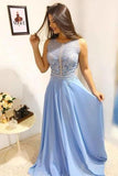 Sky Blue Long Scoop Chiffon Formal Dresses, Long Beads Sleeveless Prom Dresses PW434