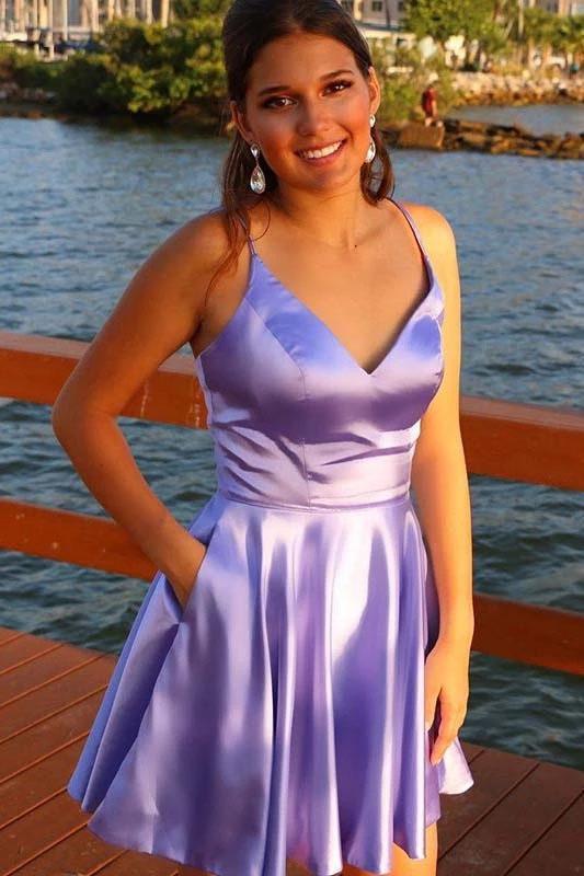 Spaghetti Straps V Neck Lilac Homecoming Dress With Pockets Backless Prom Dresses