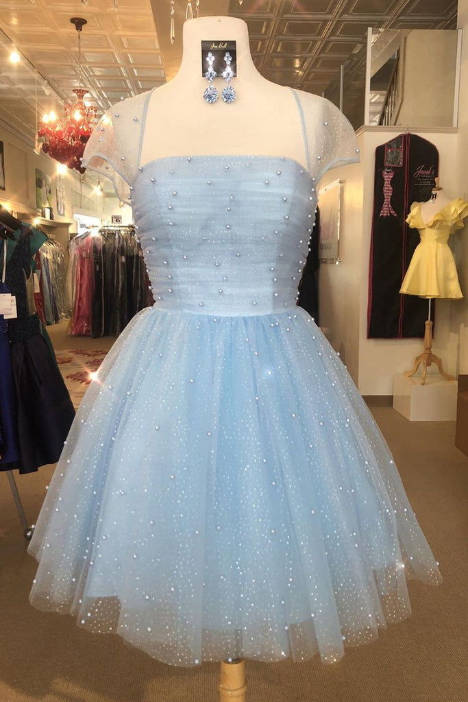Sparkle Beaded Cap Sleeves Light Sky Blue Tulle Homecoming Dress Sweet 16 Dresses