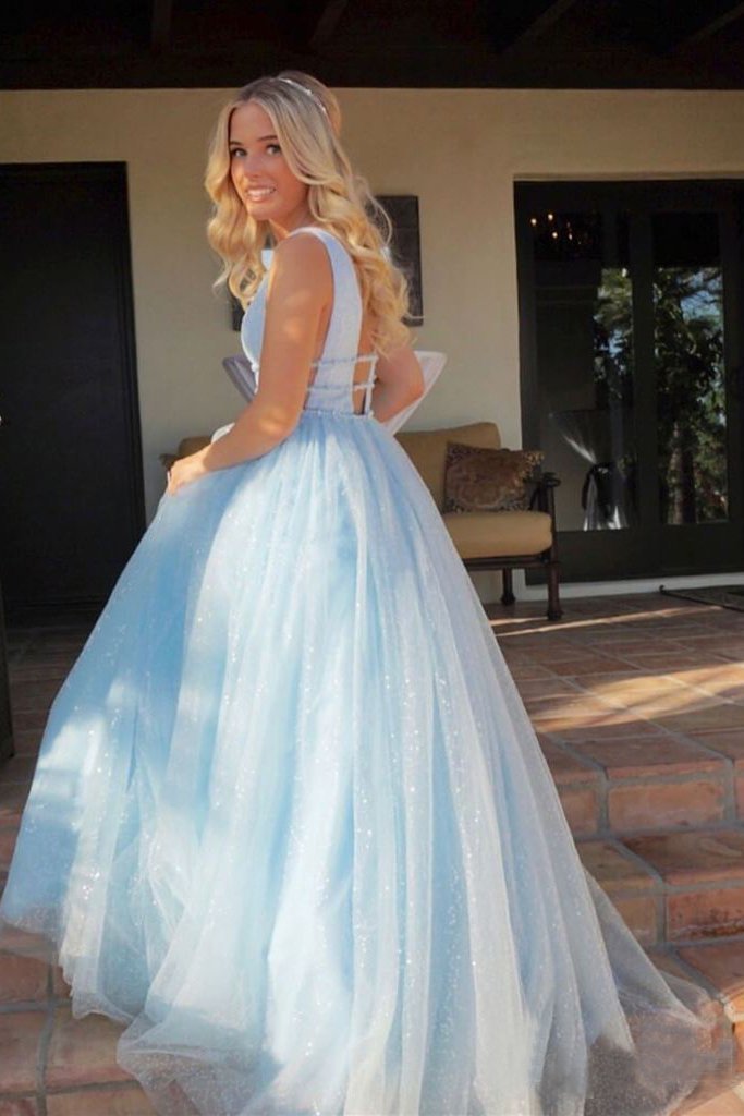 Sparkly Deep V Neck Long Beaded Backless Light Blue Prom Dresses Cheap Party Dress PW982