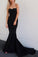 Strapless Mermaid Prom Gowns with Sweep Train Navy Blue Backless Prom Dresses