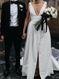Stunning V-Neck Satin Straps Ivory Wedding Dresses A-line Bridal Gowns with Pockets V Back