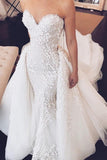 Sweetheart Mermaid Strapless Lace Appliques Wedding Dress with Detachable Train PW934