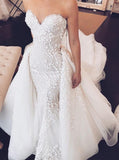 Sweetheart Mermaid Strapless Lace Appliques Wedding Dress with Detachable Train