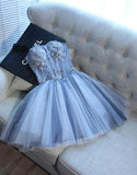Sweetheart Strapless Homecoming Dresses Beads Blue Lace up Tulle Short Prom Dresses