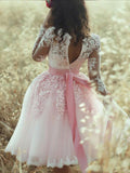 A-Line Pink Long Sleeves Sweetheart Lace Tulle Short Mini Homecoming Dresses