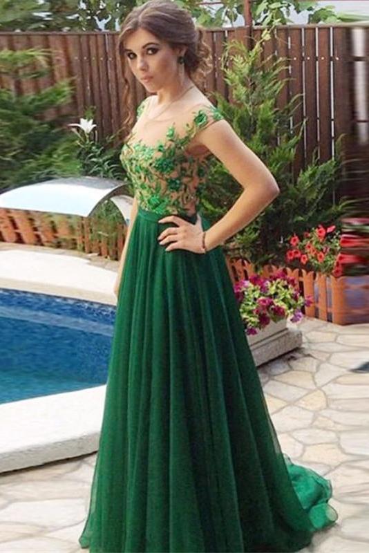 A Line Appliques Cheap Sweetheart Round Neck Green Tulle Long Prom Dresses