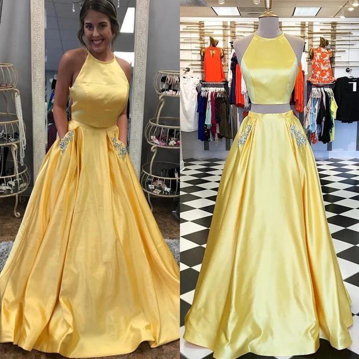 Two Pieces Halter Open Back Yellow Prom Dresses Beads Evening Dresses with Pockets