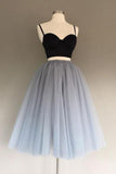Two Pieces Black and Silver Short Tulle Sweetheart Spaghetti Strap Homecoming Dress