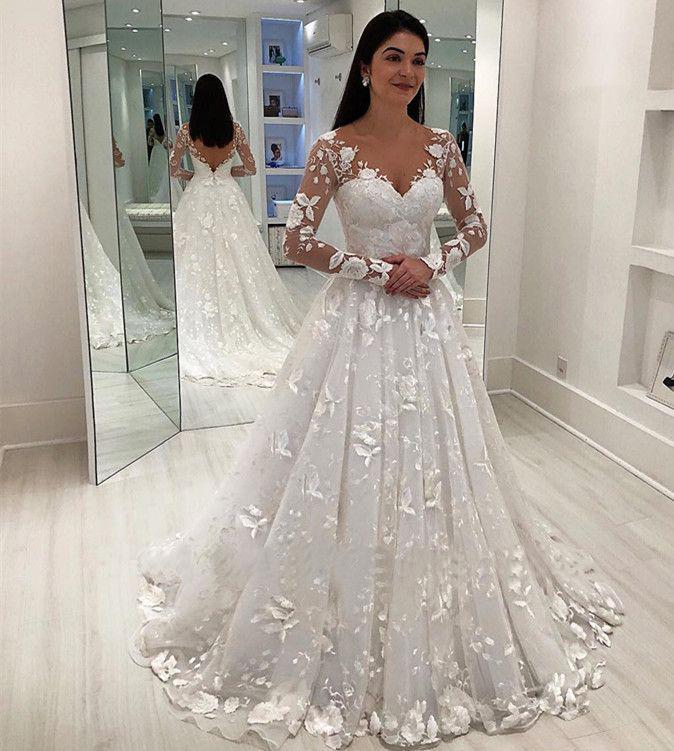 Unique Appliques V-Neck A-Line Long Sleeves Wedding Dress V Back Bridal Dresses