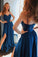 Unique Blue Spaghetti Straps Lace Prom Dresses Satin Sweetheart Side Slit Party Dress