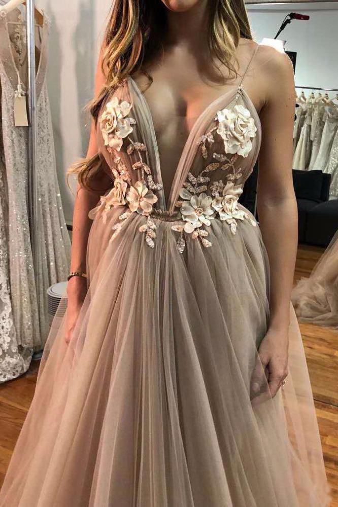 Unique Floral Embroidered V Neck Backless Spaghetti Straps Prom Dresses with Flowers