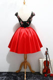 Unique Red Satin Cap Sleeves Scoop Belt Flowers Homecoming Dresses with Lace up