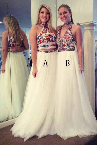 Unique Two Pieces Embroidery High Neck Open Back Tulle Prom Dresses Evening Dresses
