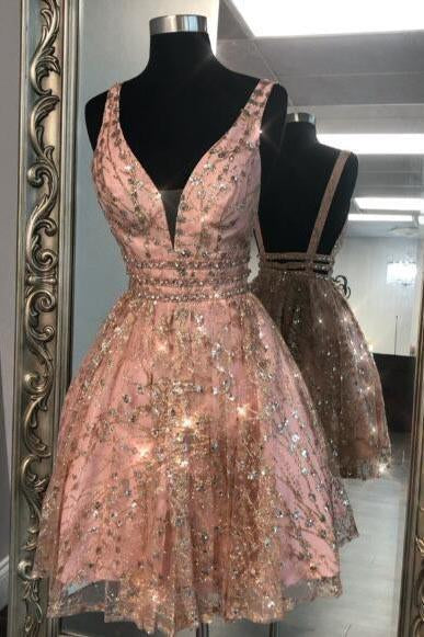 Unique V Neck Pink Beads Backless Homecoming Dresses Short Prom Dresses