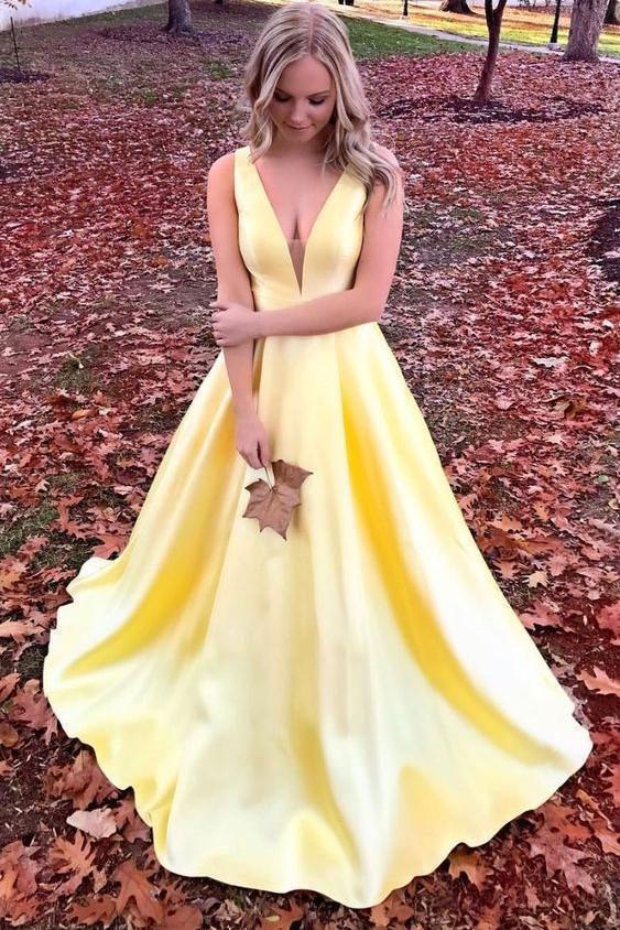 Unique Yellow Satin Prom Dresses with V Neck V Back Straps Long Formal Dresses