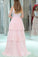 V-Neck Sleeveless Lace Long Pink Prom Dresses With Beading Tiered Evening Dress