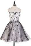 Romantic A Line Sweetheart Open Back Beaded Tulle Short Homecoming Dresses