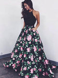 A Line Flowers Black with Flowers Sleeveless Pockets Beads Floor Length Prom Dresses