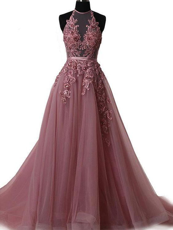 A Line Halter Lace Appliqued See-through Long Beads Lace up Tulle Backless Prom Dresses