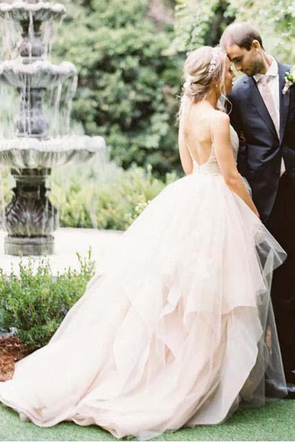 Ball Gown Spaghetti Straps V Neck Backless Asymmetrical Pink Long Wedding Dresses
