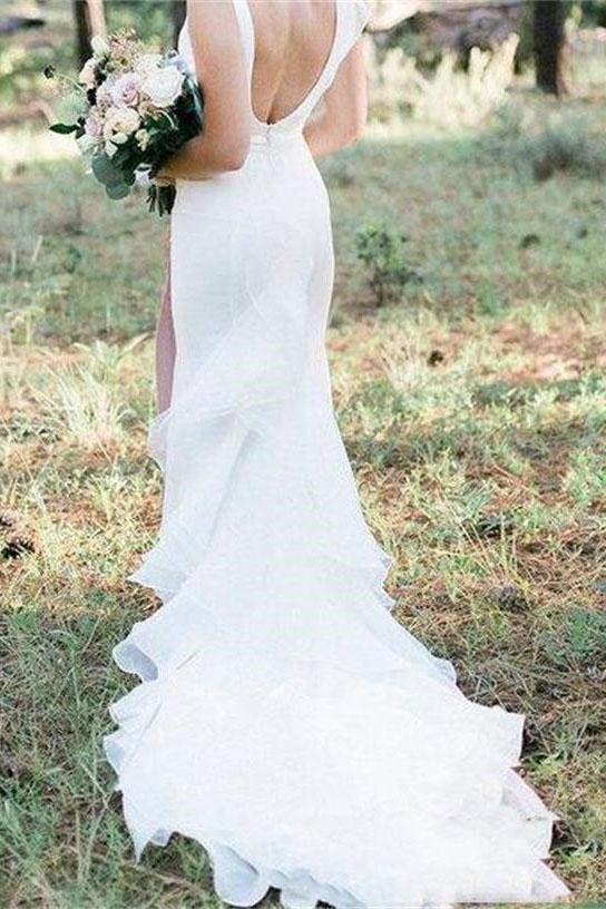 V Neck Backless Mermaid Chiffon White Wedding Dresses Long Simple Bridal Dresses
