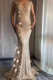 V Neck Long Mermaid Rhinestone Beaded Luxury Prom Dresses Backless Party Dresses
