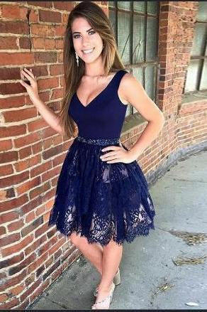 V Neck Navy Blue Straps Beads Lace Homecoming Dresses Short Prom Dresses
