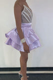 V Neck Purple Strapless Homecoming Dresses Satin Sequins Above Knee Short Prom Dress