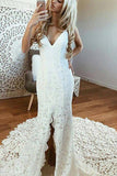 V Neck Spaghetti Straps Backless Lace Boho Wedding Dress With Split Mermaid Bridal Dress