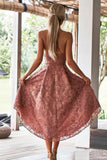 Vintage Dusty Rose High Low Lace Homecoming Dresses with Pocket V Neck Short Prom Dress