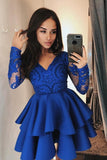 Vintage Long Sleeve Navy Blue V Neck Knee Length Homecoming Dresses with Lace
