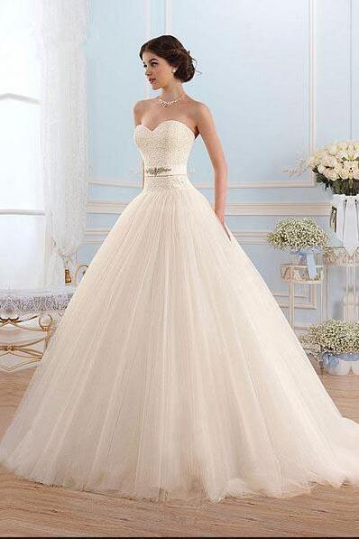 White Tulle Sweetheart Strapless Open Back Ball Gown Sleeveless Floor-Length Wedding Dress