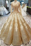 Ball Gown Gold Long Sleeves Lace Appliques Sequins Open Back Beads Quinceanera Dresses