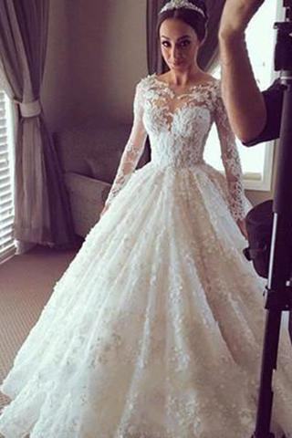 Modest Tulle Country Lace Long Sleeve Ball Gown Sheer Back Scoop Appliques Wedding Dress