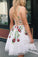 White Lace V Neck Homecoming Dresses with Floral Print Backless Short Prom Dresses