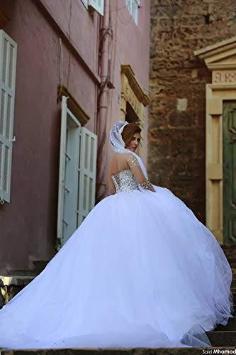 White Sheer Long Sleeves Beaded Sweetheart Crystals Ball Gown Corset Tulle Wedding Dresses