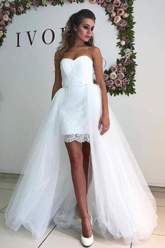 White Tulle Sweetheart Strapless Mermaid Wedding Dresses with Lace Detachable Train