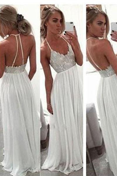 White Chiffon Sequin Long Prom Dress For Teens Backless Long Prom Dresses Wedding Dress