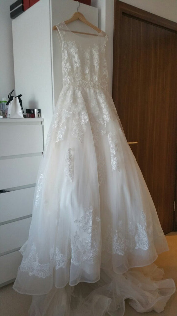 Sheer Castle Ivory Ball Illusion Back Appliques Lace Chapel Train Wedding Dress