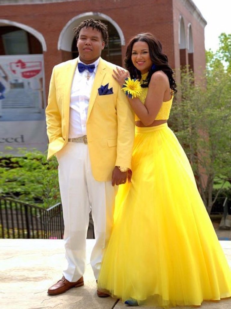 Yellow tulle two pieces O-neck A-line long prom dress graduation