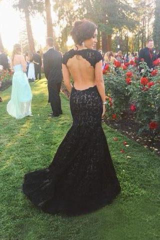 New Style High Neck Backless Lace Black Open Back Mermaid Cap Sleeve Evening Dresses