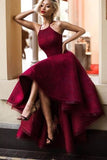2022 Burgundy/Maroon Lace Halter Prom Dress P4H3BXE9