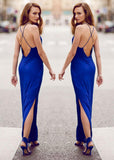 Long Royal Blue V-Neck Criss Cross Spaghetti Straps Slit Mermaid New Style Evening Dresses