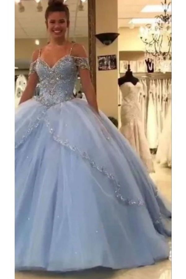 Quinceanera Dresses Ball Gown Off The Shoulder Floor-Length Tulle With Rhinestone Lace PCM2NSRZ