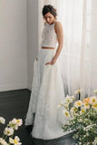 Two Piece Crew Sleeveless Sweep Train Open Back Ivory Lace Cheap Wedding Dresses