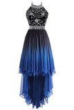 A Line Halter Beaded Blue High Low Chiffon Ombre Lace up Long Prom Dresses