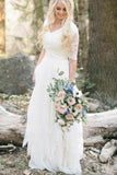 Bohemian Forest A Line V Neck Half Sleeves Sweetheart Lace Chiffon Wedding Dresses uk PW273
